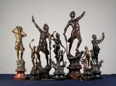 SEVEN VICTORIAN DARK PATINATED SPELTER FIGURES, including three pairs, two being commerce and