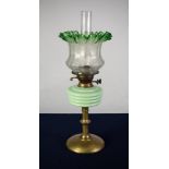 VICTORIAN BRASS AND GREEN GLASS OIL TABLE LAMP, with knopped column, domed base, opaque pale green