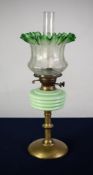 VICTORIAN BRASS AND GREEN GLASS OIL TABLE LAMP, with knopped column, domed base, opaque pale green