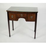 ANTQUE GEORGE III STYLE MAHOGANY BOW FRONTED DRESSING OR WRITING TABLE, the plain top above three