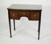 ANTQUE GEORGE III STYLE MAHOGANY BOW FRONTED DRESSING OR WRITING TABLE, the plain top above three