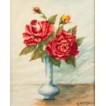 M. ALMOND WATERCOLOUR DRAWING Slender vase of red roses Signed 10 ¼? x 8 ¼? (26 x 21cm)