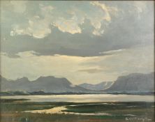 CARRINGTON OIL PAINTING ON CANVAS Coast scene with mountains in background Signed 14? x 17 ½? (35.