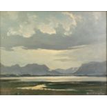 CARRINGTON OIL PAINTING ON CANVAS Coast scene with mountains in background Signed 14? x 17 ½? (35.