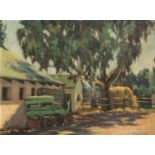 PEART OIL PAINTING ON CANVAS BOARD Farm scene with buildings, haystack and trailer Signed and