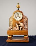 ?DAPHNIS AND CHLOE COMPOSITE OAK AND POTTERY FIGURAL MANTLE CLOCK, THE DIAL SIGNED ROSKELL, PARIS,