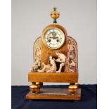 ?DAPHNIS AND CHLOE COMPOSITE OAK AND POTTERY FIGURAL MANTLE CLOCK, THE DIAL SIGNED ROSKELL, PARIS,