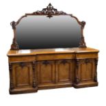 IMPRESSIVE VICTORIAN CARVED POLLARD OAK MIRROR BACK INVERSE BREAKFRONTED SIDEBOARD, the shaped