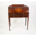 EARLY TWENTIETH CENTURY INLAID MAHOGANY CYLINDER DESK, the moulded oblong top with short back, above