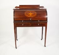 EARLY TWENTIETH CENTURY INLAID MAHOGANY CYLINDER DESK, the moulded oblong top with short back, above