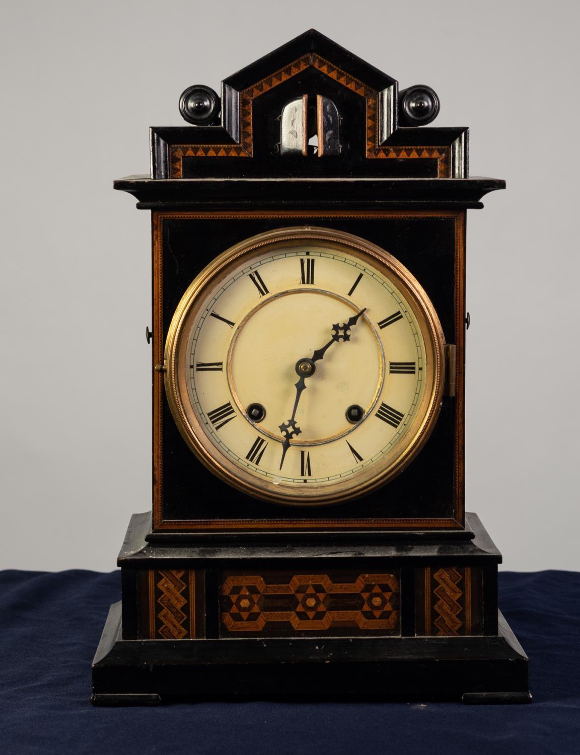 BEHA STYLE NINETEENTH CENTURY EBONISED AND INLAID CUCKOO MANTLE CLOCK WITH TWIN FUSEE MOVEMENT, - Image 2 of 5