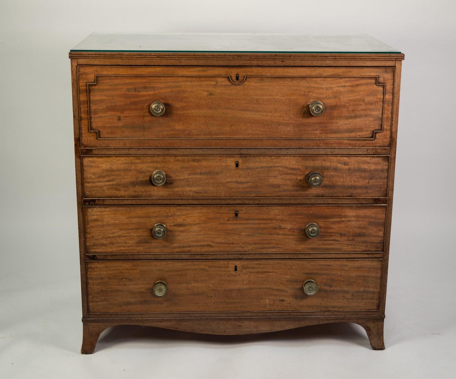 LATE GEORGIAN MAHOGANY SECRETAIRE CHEST, the plain reeded edge top above a fall-front secretaire