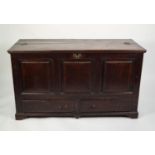 GEORGE III OAK MULE CHEST, the altered and adapted half-hinged top above a crossbanded triple