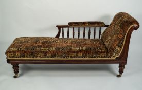 LATE VICTORIAN MAHOGANY FRAMED CHAISE LONGUE re-covered in Bokhara style velour fabric, the