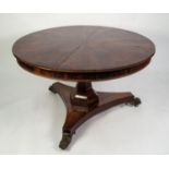EARLY NINETEENTH CENTURY MULBERRY AND ROSEWOOD PEDESTAL DINING TABLE, the circular top in