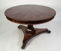 EARLY NINETEENTH CENTURY MULBERRY AND ROSEWOOD PEDESTAL DINING TABLE, the circular top in