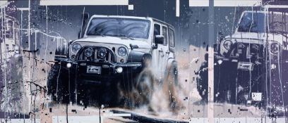 KRIS HARDY (b.1978) MIXED MEDIA ON BOX CANVAS?Jeep Wrangler? Signed 24? x 56? (61cm x 142.2cm)