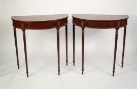 PAIR OF SHERATON STYLE MAHOGANY DEMI-LUNE CONSOL TABLES, with satinwood crossbanded borders,