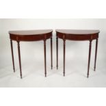 PAIR OF SHERATON STYLE MAHOGANY DEMI-LUNE CONSOL TABLES, with satinwood crossbanded borders,