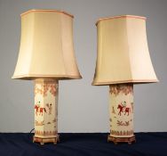 PAIR OF MODERN CHINESE HEXAGONAL TALL POTTERY TABLE LAMPS, design of female rider and attendants,