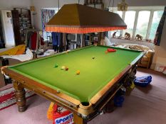 RAPER & SON, OAK THREE-QUARTER SIZE SLATE BED BILLIARDS TABLE, ON EIGHT HEAVY TURNED LEGS, 10?6? X