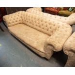 LATE VICTORIAN CHESTERFIELD THREE SEATER SETTEE button upholstered in heavy pink and floral fabric