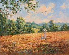 RICHARD BLOWEY (b.1947)OIL ON CANVASWoman and child walking through a wild flower meadow on a
