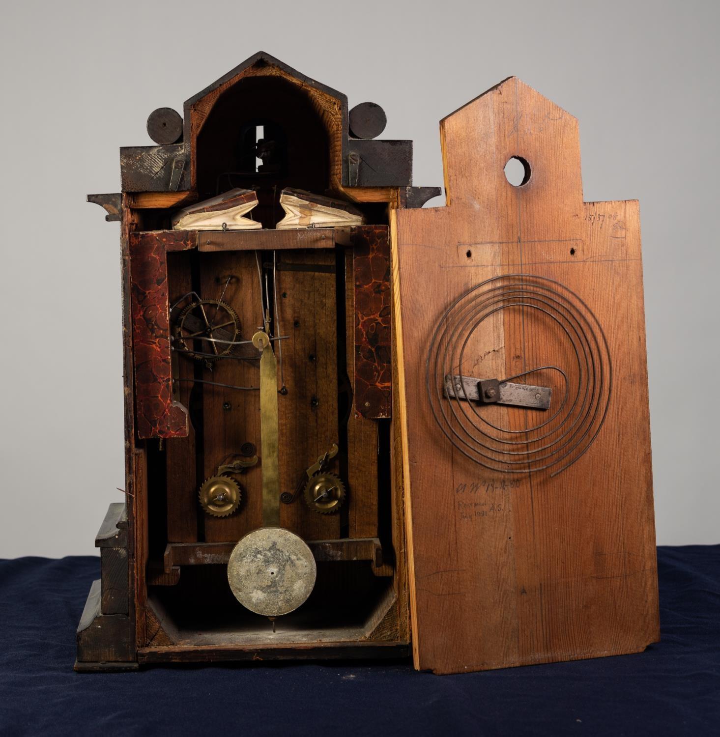 BEHA STYLE NINETEENTH CENTURY EBONISED AND INLAID CUCKOO MANTLE CLOCK WITH TWIN FUSEE MOVEMENT, - Image 3 of 5