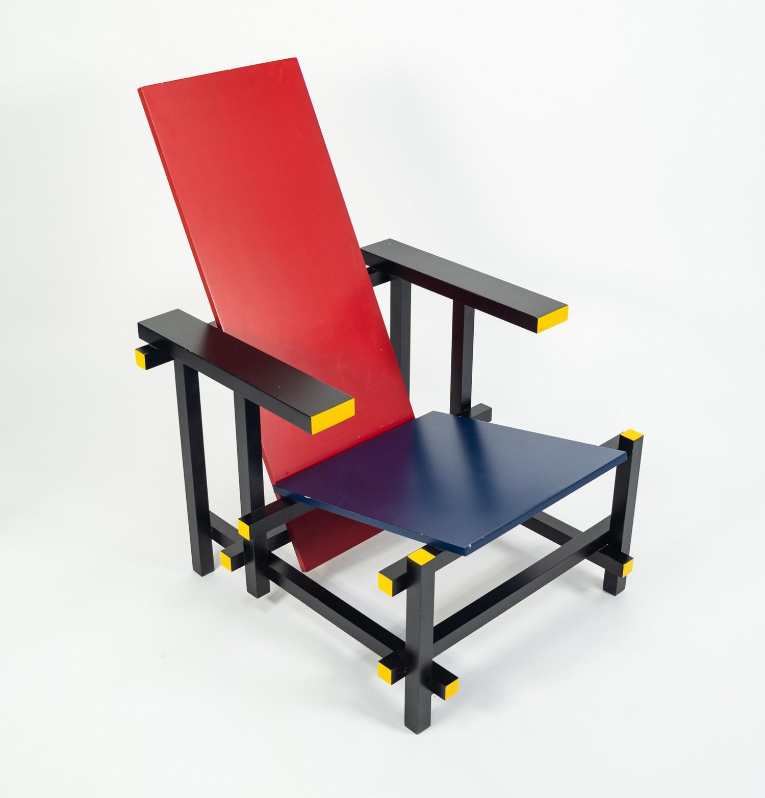 AFTER GERRIT T RIETVELD, RED AND BLUE CHAIR,  probably by Cassina (635), 34 3/4in (88cm) high,