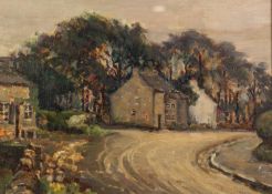 UNATTRIBUTED OIL PAINTING Curving country lane with cottages and trees Unsigned 9 ½? x 13? (24.1 x
