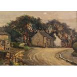 UNATTRIBUTED OIL PAINTING Curving country lane with cottages and trees Unsigned 9 ½? x 13? (24.1 x