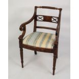 EARLY NINETEENTH CENTURY CARVED MAHOGANY AND LINE INLAID CARVER ARMCHAIR, the rope twist top rail