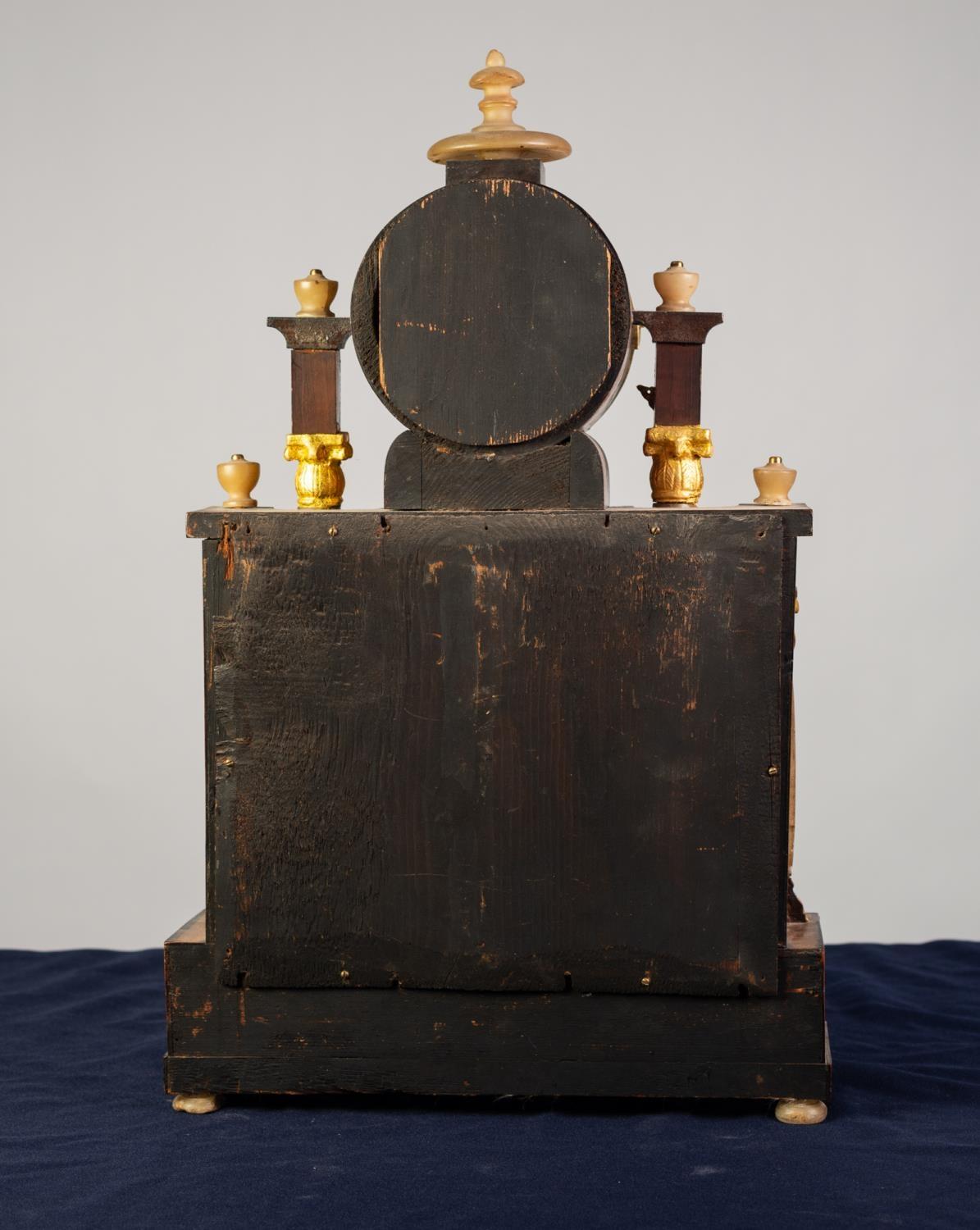 NINETEENTH CENTURY BEIDERMEIER ALABASTER AND GILT METAL MOUNTED BURR WOOD PORTICO TYPE MANTLE CLOCK, - Image 2 of 2