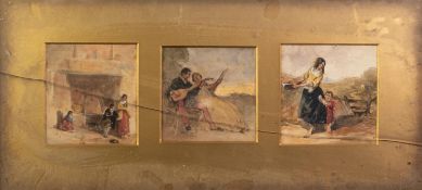 BRITISH SCHOOL (19th Century) SUITE OF THREE WATERCOLOUR DRAWINGS IN A SINGLE FRAME Figure studies