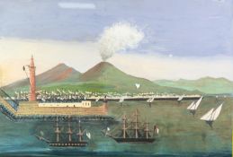 NEOPOLITAN SCHOOL (19th Century) GOUACHE DRAWING Bay of Naples with erupting Vesuvius Inscribed on