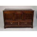 EIGHTEENTH CENTURY MAHOGANY CROSSBANDED OAK DOWER CHEST, the moulded top with raised panel to the