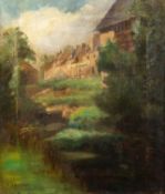 ROBERT GORLASE SMART (1881 ? 1947) OIL PAINTING ON CANVAS ?The Combe Penzance?, with row of houses