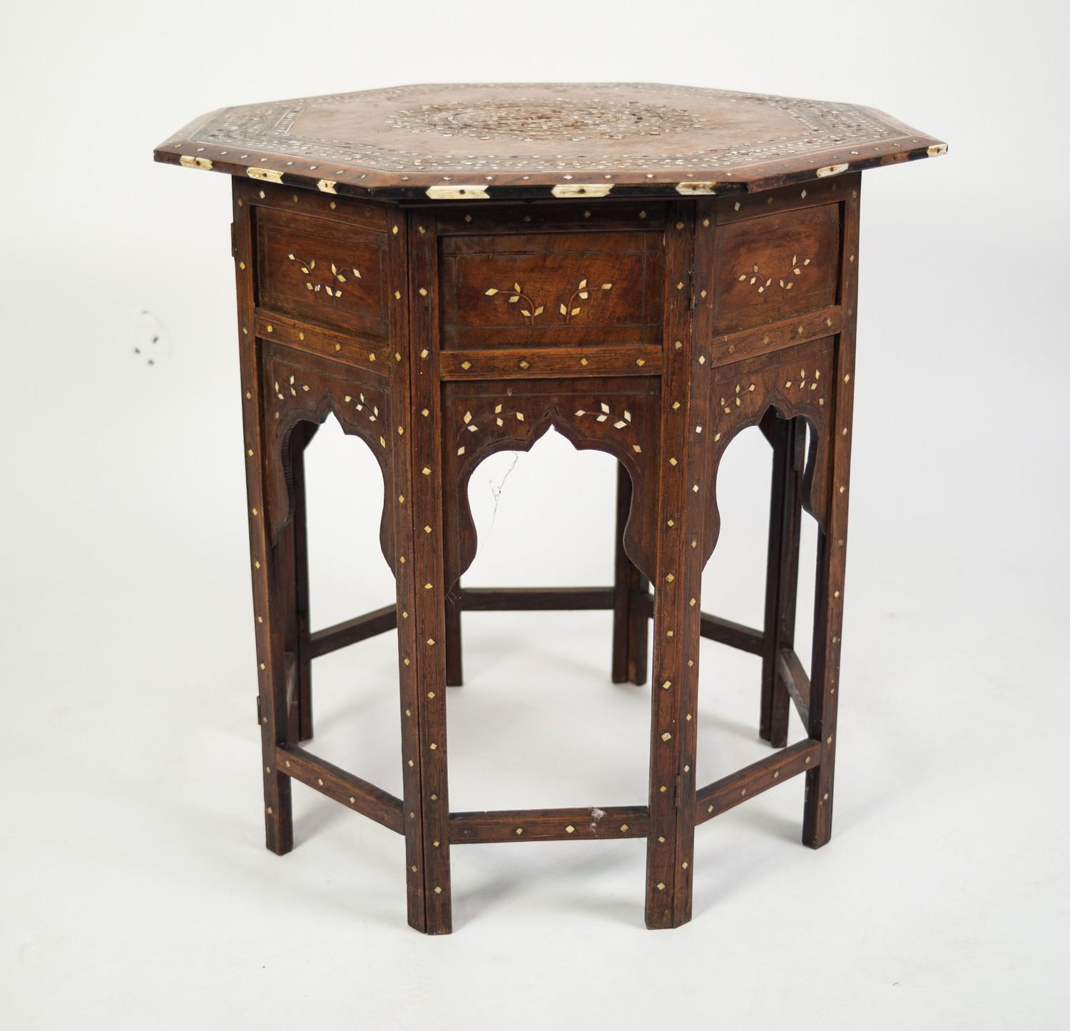 EARLY TWENTIETH CENTURY MIDDLE EASTERN INLAID WALNUT OCCASIONAL TABLE, the octagonal top inlaid with - Image 3 of 3