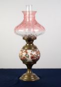 LATE VICTORIAN BRASS TABLE OIL LAMP WITH POTTERY GLOBULAR RESERVOIR, printed with oriental style