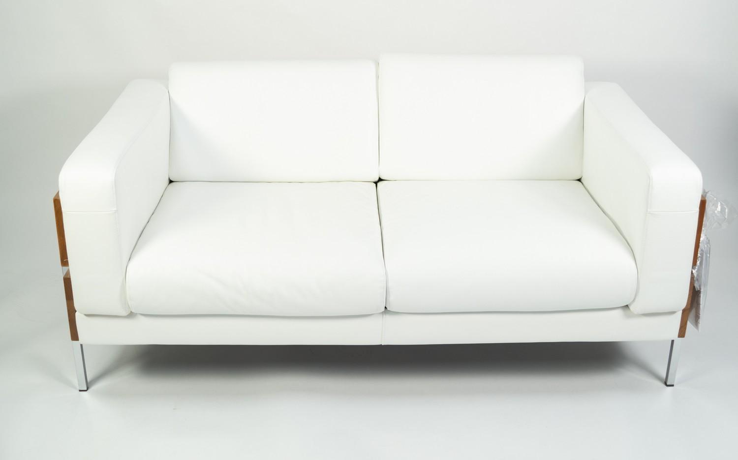 ROBIN DAY FOR HABITAT, PAIR OF ?DAYS FORUM? WHITE LEATHER, ASH AND CHROME TWO SEATER SOFAS, each
