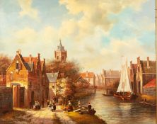 H. SCHROFER (Dutch Modern) OIL PAINTING ON PANEL A pastiche canal-side village scene with numerous