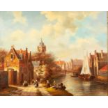 H. SCHROFER (Dutch Modern) OIL PAINTING ON PANEL A pastiche canal-side village scene with numerous