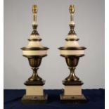 PAIR OF MODERN GILT METAL METAL AND GREY PAINTED TABLE LAMPS, each of pedestal urn form with
