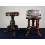 TWO VICTORIAN ADJUSTABLE PIANO STOOLS WITH CIRCULAR SEATS, one in turned walnut, upholstered in blue