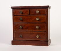 LATE 19th/EARLY 20th CENTURY INLAID MAHOGANY MINIATURE CHEST OF TWO SHORT AND THREE GRADUATED LONG