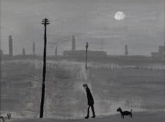 VINCENT DOTT (MODERN) MONOCHROME OIL ON BOARD?Moonlit Dog Walk? Signed, titled verso 5 ¾? x 7 ¾? (