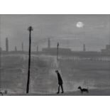 VINCENT DOTT (MODERN) MONOCHROME OIL ON BOARD?Moonlit Dog Walk? Signed, titled verso 5 ¾? x 7 ¾? (