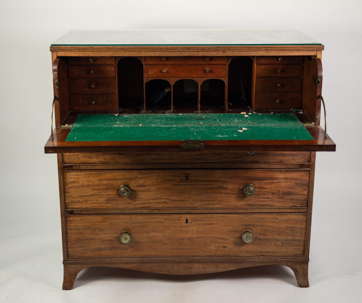 LATE GEORGIAN MAHOGANY SECRETAIRE CHEST, the plain reeded edge top above a fall-front secretaire - Image 2 of 2