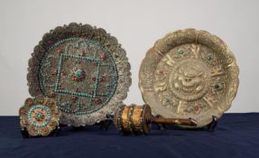 TIBETAN BRASS PRAYER WHEEL inset with turquoise and red stones; TIBETAN EMBOSSED BRASS CIRCULAR
