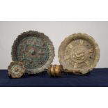 TIBETAN BRASS PRAYER WHEEL inset with turquoise and red stones; TIBETAN EMBOSSED BRASS CIRCULAR